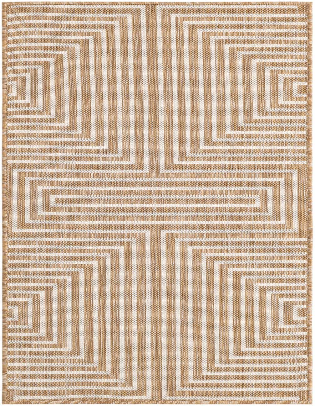 A 4 ft runner rug in brown and ivory with a modern abstract geometric pattern, suitable for a hallway or patio.
