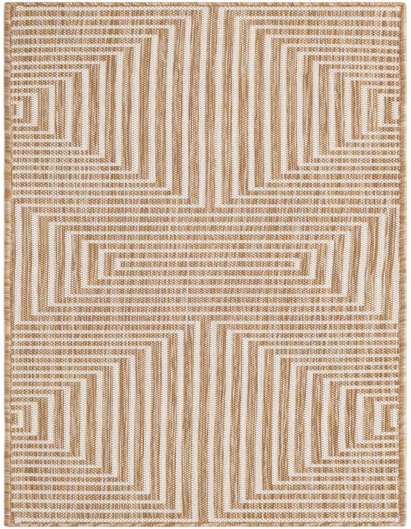 A 5 ft runner rug featuring a modern abstract geometric pattern in brown and ivory tones, suitable for hallways or patios.