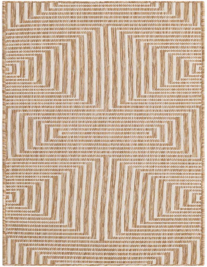 A 6 ft runner rug with a modern abstract pattern in brown and ivory, featuring geometric lines and shapes.