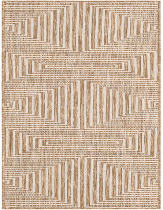 An 8 ft runner rug featuring a modern abstract geometric pattern in brown and ivory tones, ideal for a hallway or patio.