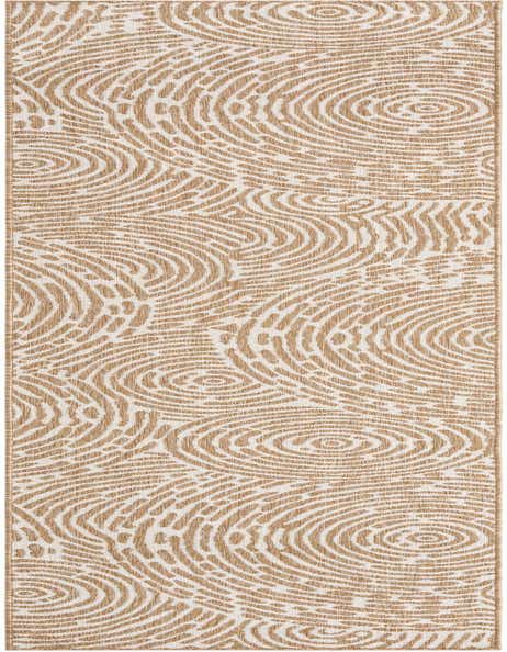 A 12 ft runner rug with a modern abstract pattern in brown and ivory, suitable for a hallway or patio.