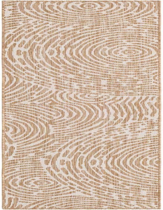 A long 8 ft runner rug with a modern abstract pattern in brown and cream, suitable for a hallway or patio.