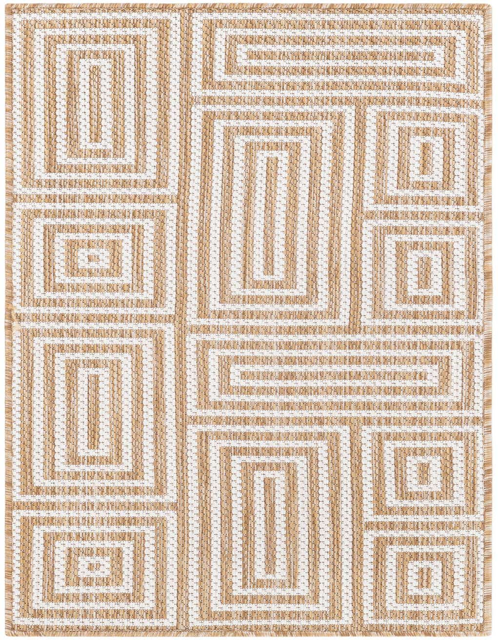 A 4 ft runner rug featuring a modern abstract geometric pattern in brown, tan, and ivory, suitable for a hallway or patio.