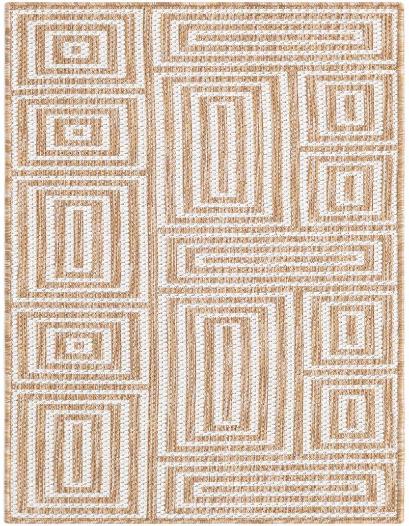 A 5 ft runner rug featuring a modern abstract pattern of interlocking brown and ivory rectangles and squares, suitable for a hallway or patio.