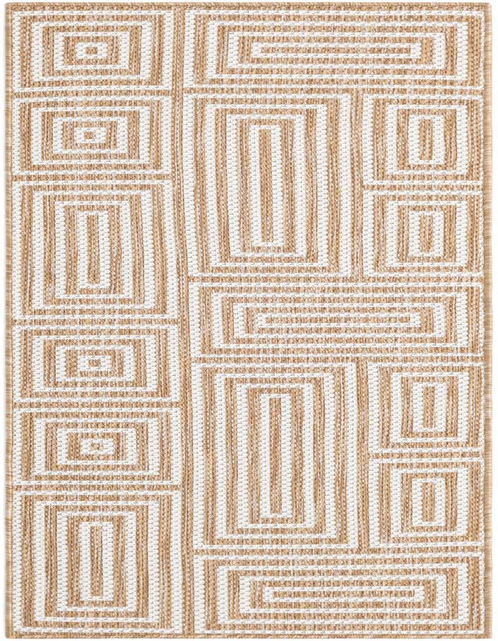 A 6 ft runner rug featuring a modern abstract pattern of interlocking rectangular and square shapes in brown, tan, and ivory.