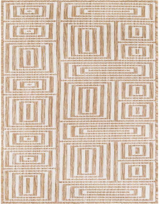 A long 8 ft runner rug featuring a modern abstract pattern of interlocking brown and ivory rectangles and squares.