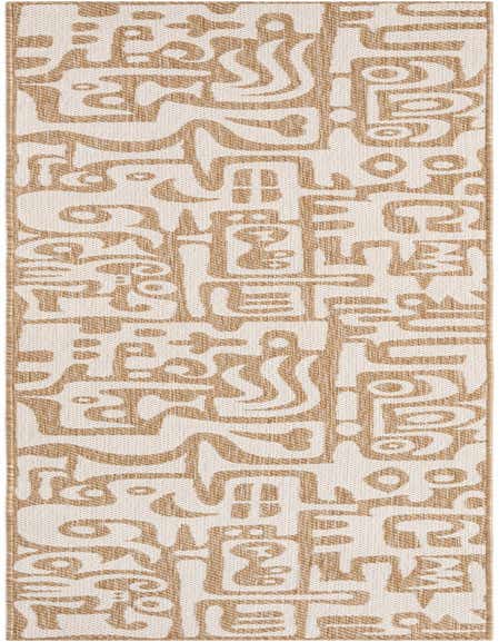 A 12 ft runner rug with an abstract brown and ivory pattern, suitable for hallways or patios.