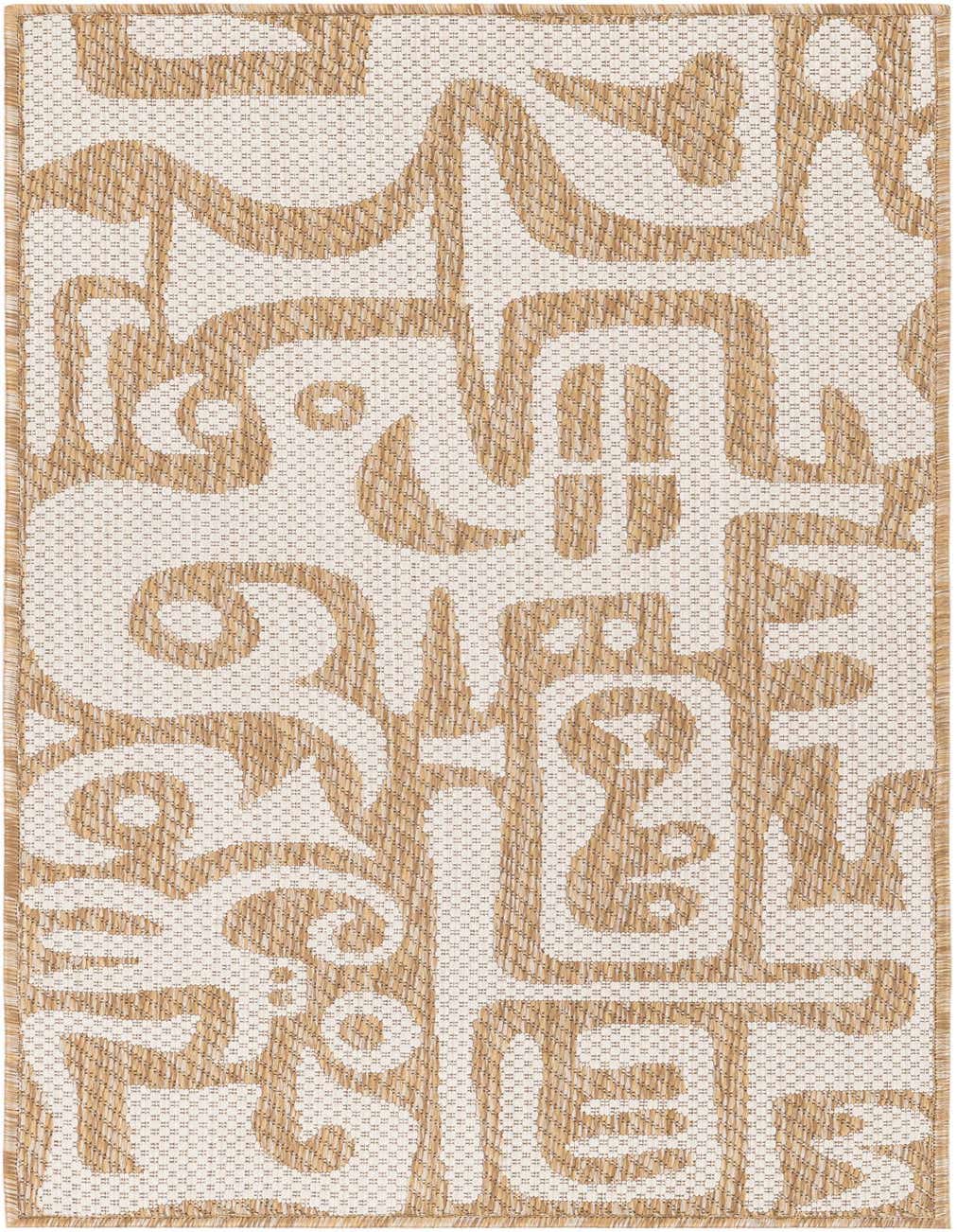 A 4 ft runner rug with a modern abstract pattern in brown and ivory tones, suitable for hallways or patios.