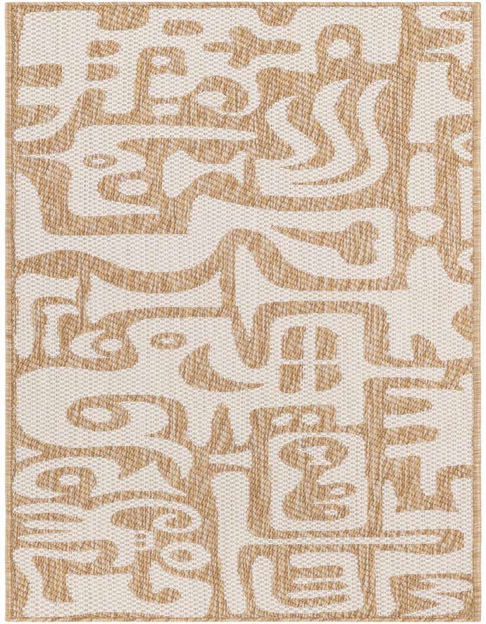 A 6 ft runner rug with a modern abstract pattern in brown and cream, suitable for indoor/outdoor use.