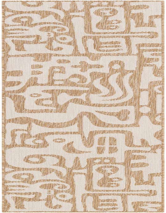 An 8 ft runner rug with a modern abstract pattern in brown and ivory, suitable for indoor/outdoor use.