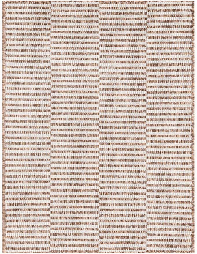 A 6 ft runner rug with a modern Scandinavian stripe pattern in brown and ivory, suitable for hallways or patios.