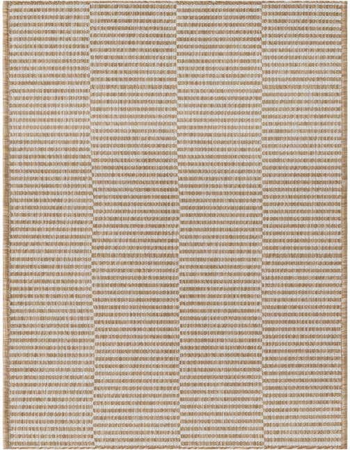 A close-up view of an 8 ft runner rug featuring a contemporary stripe pattern in alternating horizontal blocks of tan and ivory.