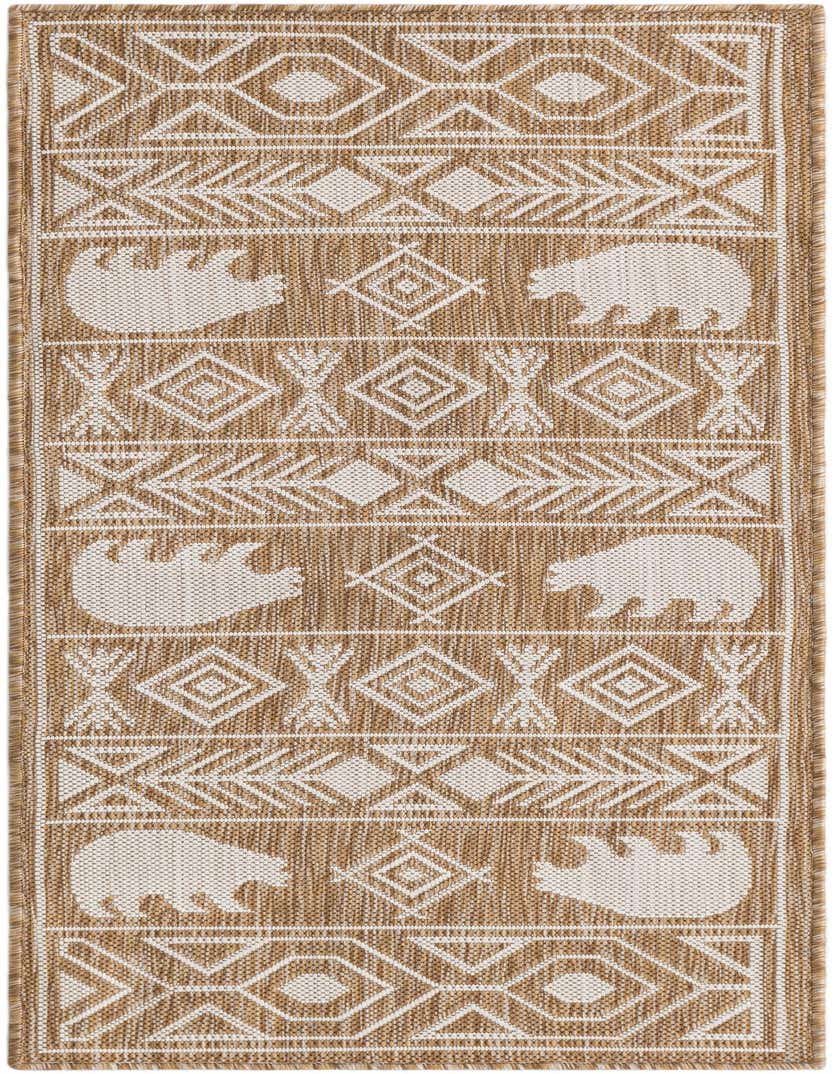 A 5 ft runner rug featuring a Southwestern tribal pattern with brown and ivory geometric shapes and bear silhouettes.