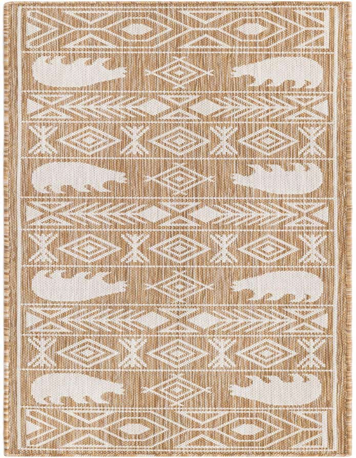 A 6 ft runner rug with a Southwestern tribal pattern in brown and ivory, featuring bear silhouettes and geometric designs.