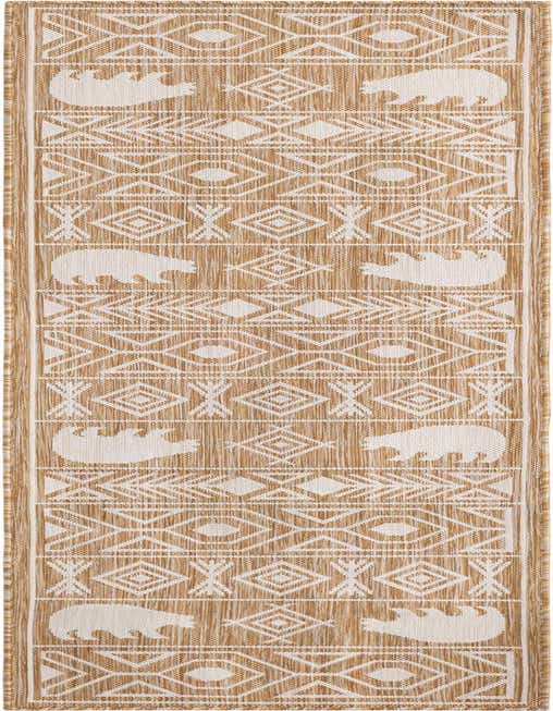 An 8 ft runner rug featuring a Southwestern tribal pattern with bear silhouettes and geometric shapes in brown and ivory.