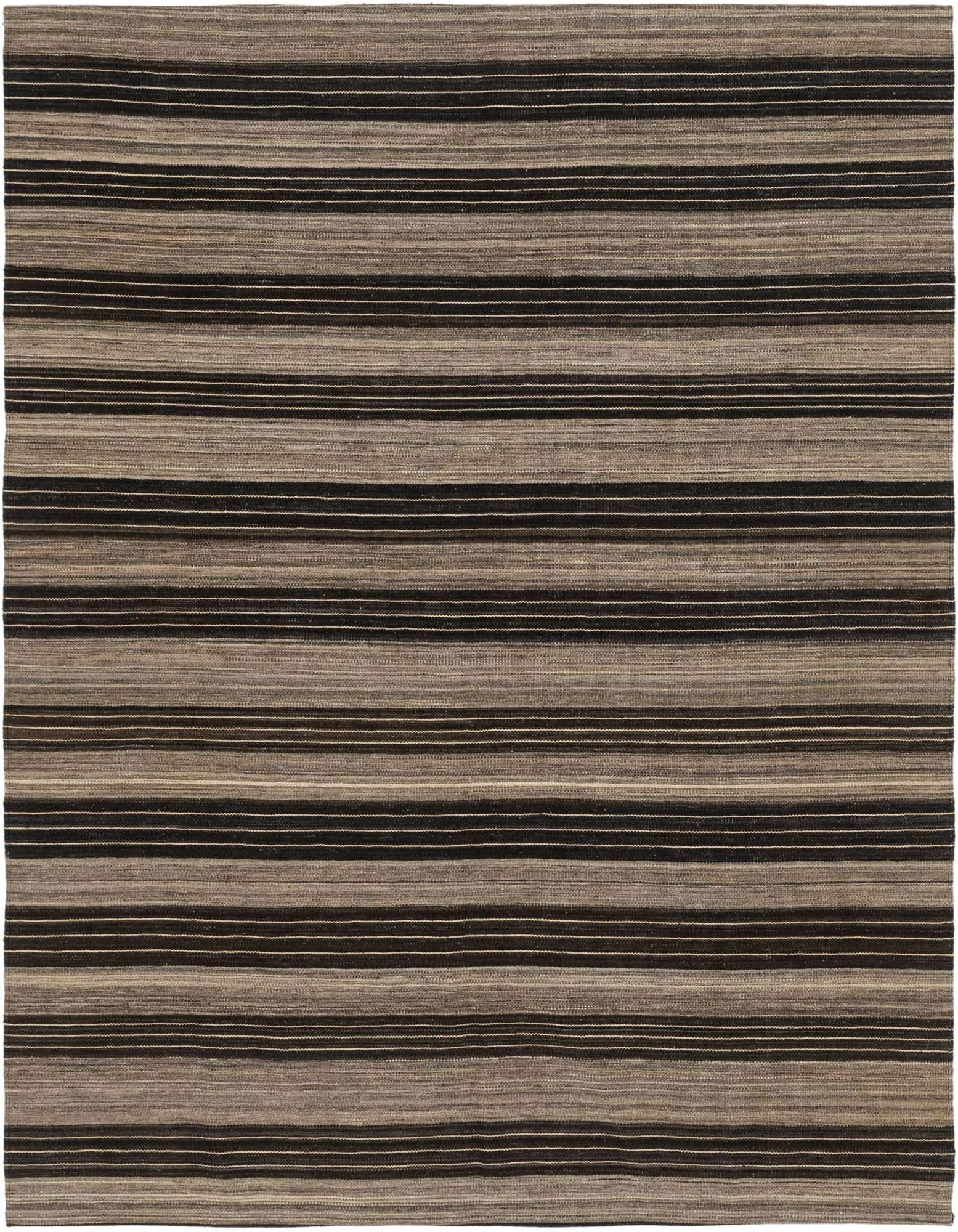A 6' 0 x 7' 2 square Kilim Modern wool rug featuring horizontal stripes in varying shades of brown, tan, and cream.