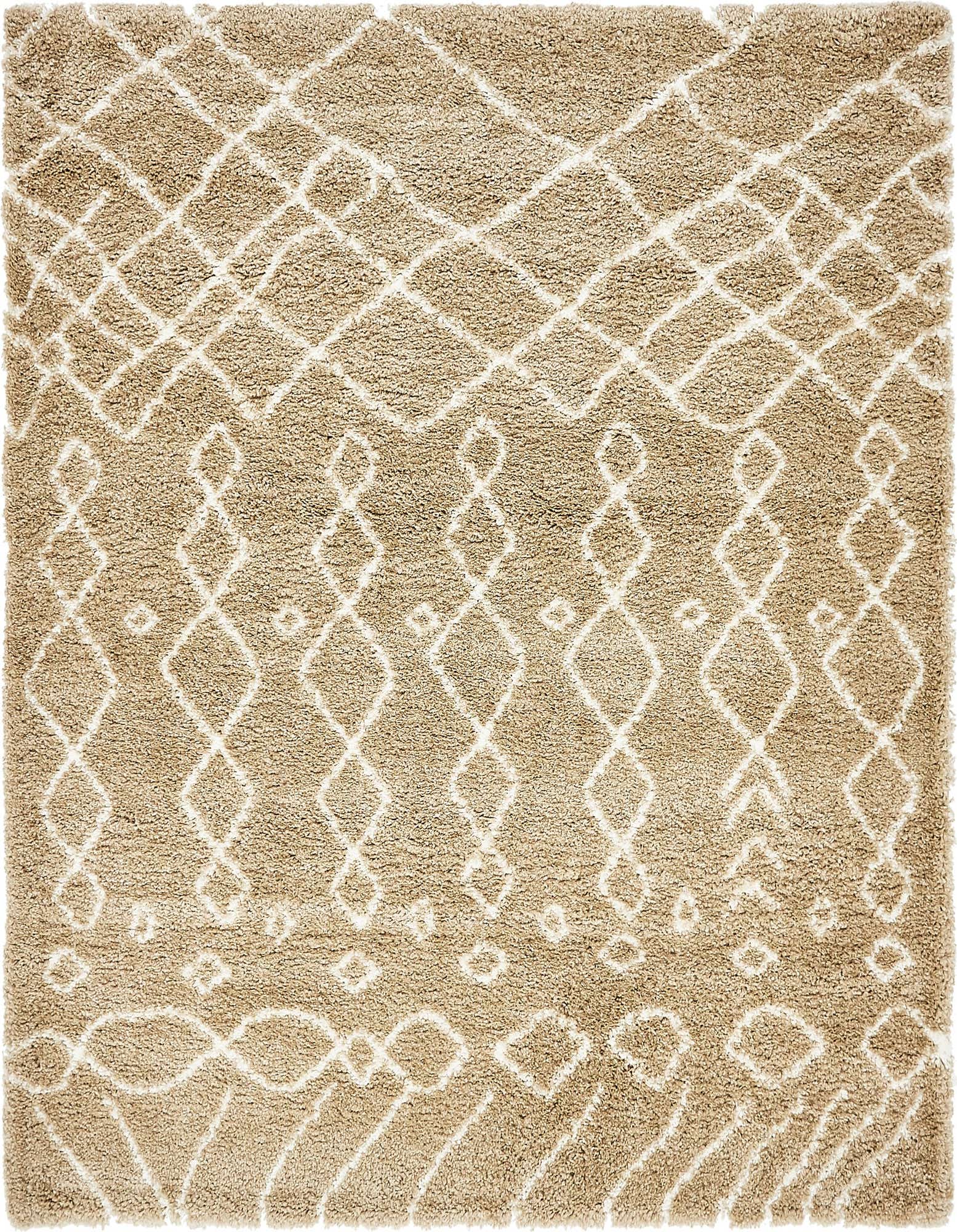 A square 7' 10 x 7' 10 Moroccan Shag rug featuring a textured tan and brown pile with an ivory tribal trellis pattern.