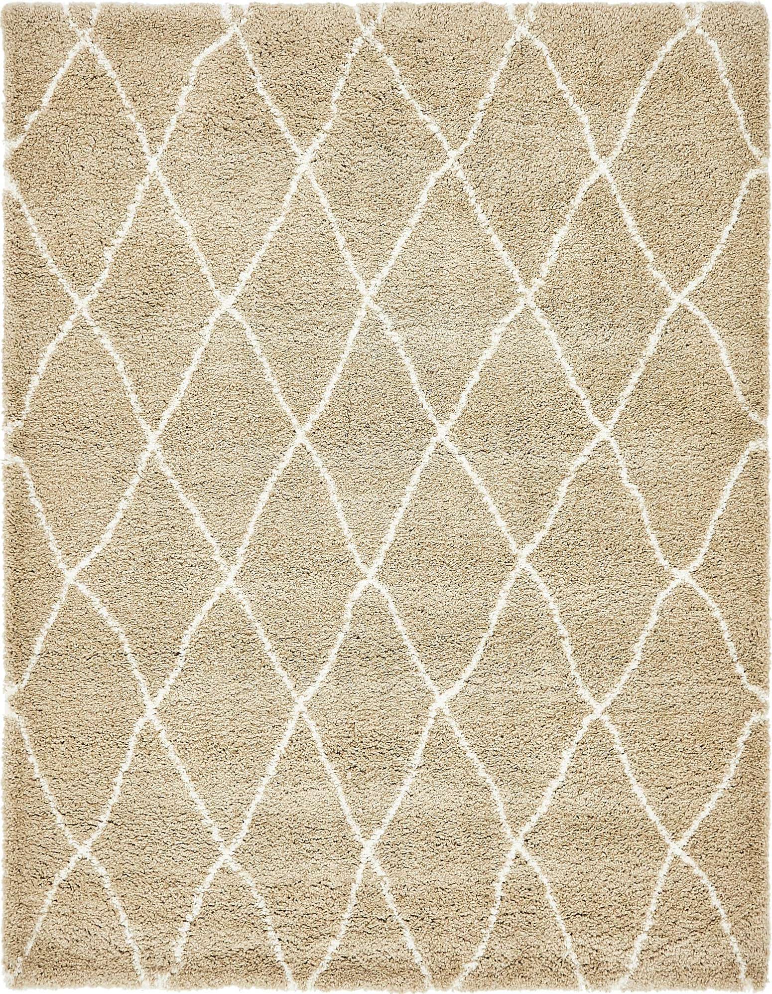 A soft, square 8' x 8' Moroccan Shag rug in tan with a cream diamond trellis pattern, perfect for a cozy living room.