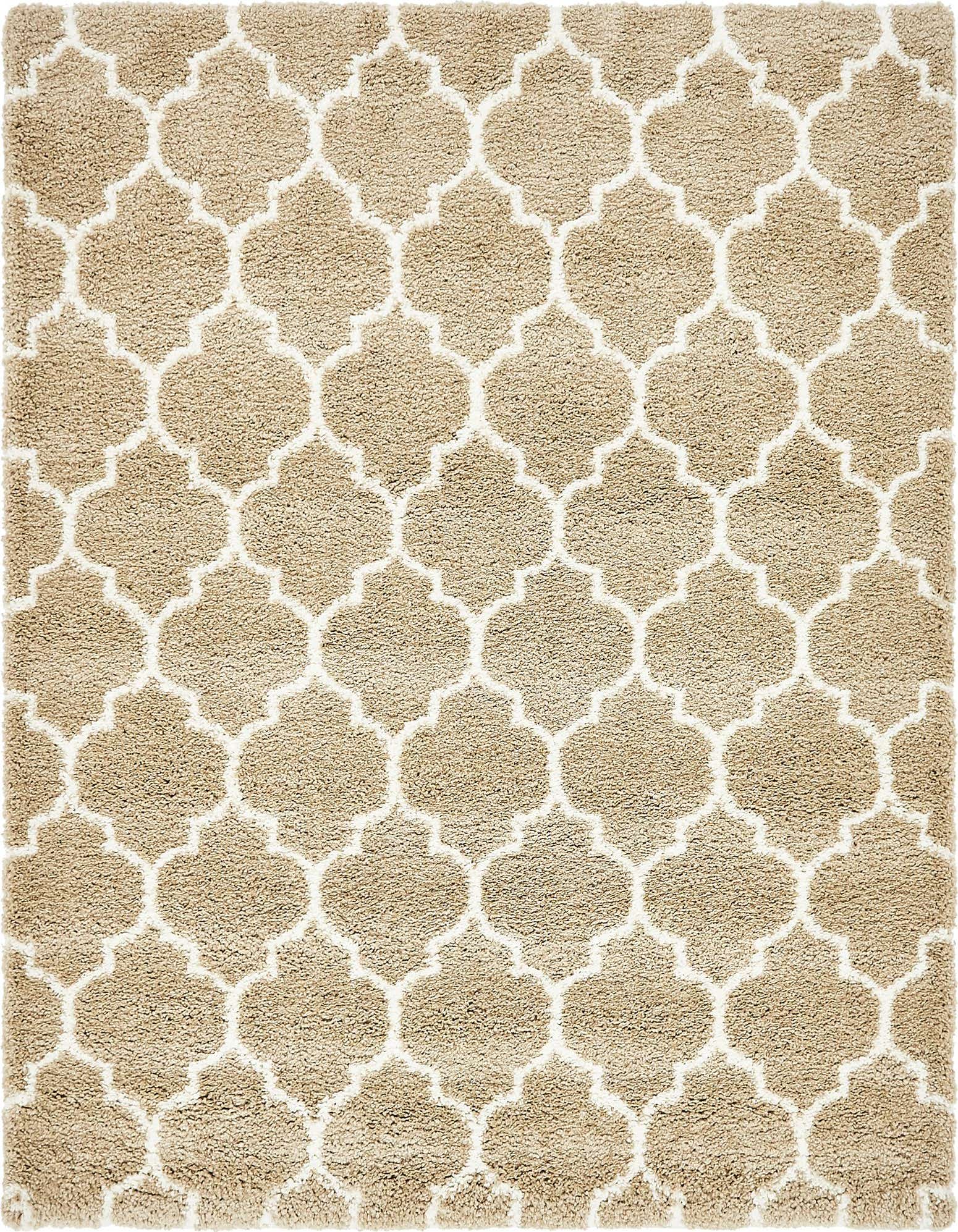 A soft, plush 8'x8' square Moroccan Shag rug in tan with an ivory trellis pattern, perfect for an indoor living space.