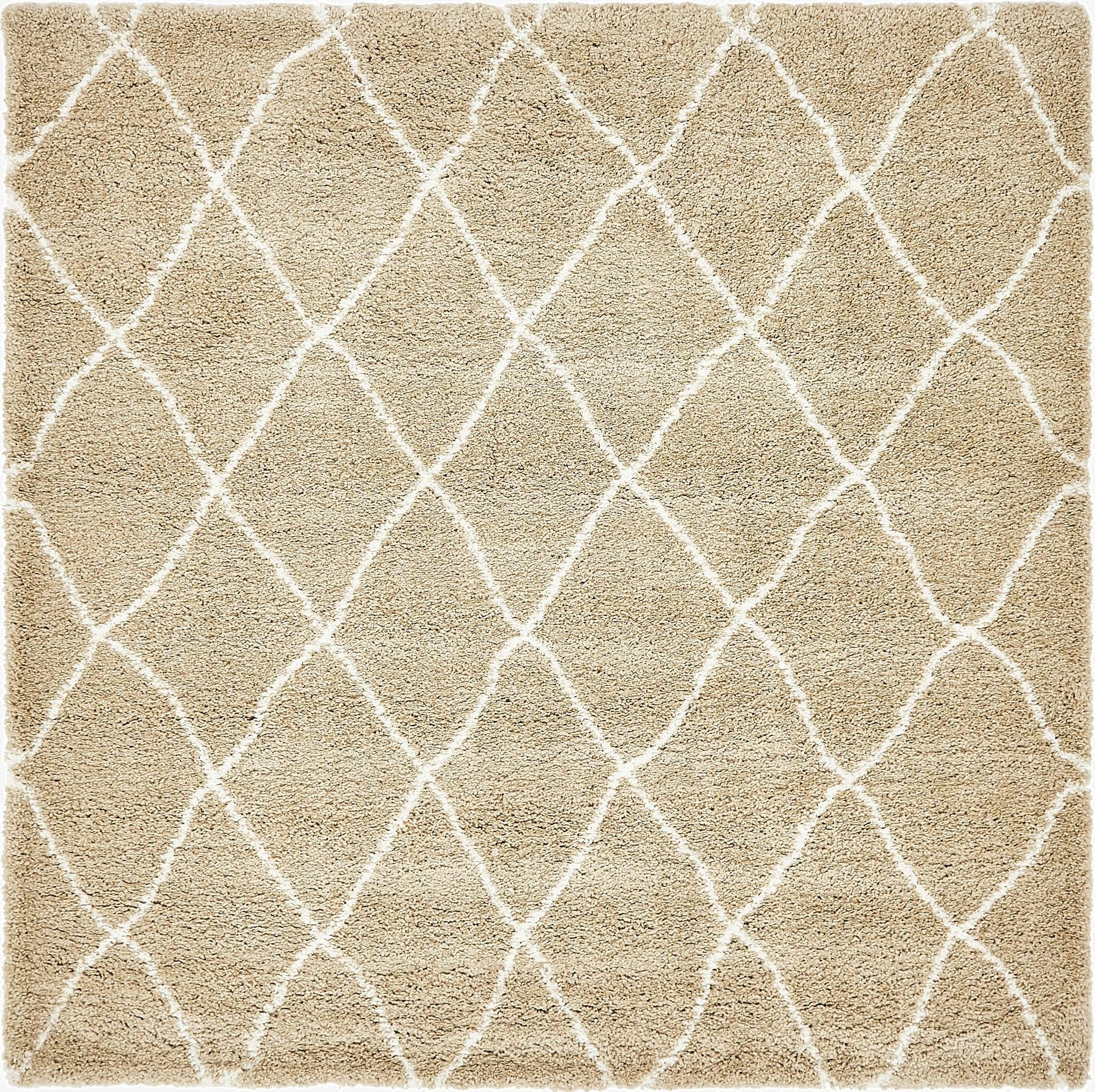 A soft, square 8' x 8' Moroccan Shag rug in tan with a cream diamond trellis pattern, perfect for a cozy living room.