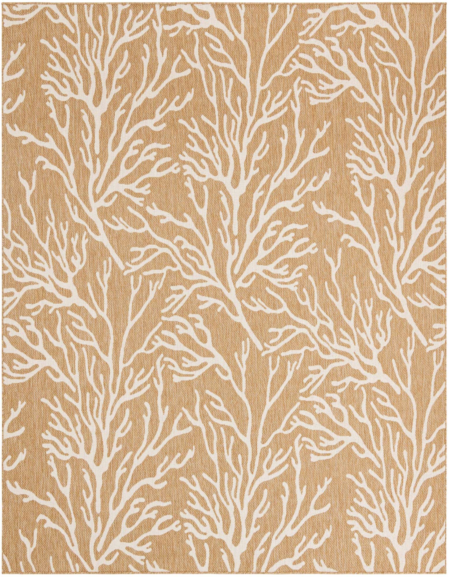A 10' square indoor/outdoor rug with a modern coastal pattern of white coral branches on a textured tan background.