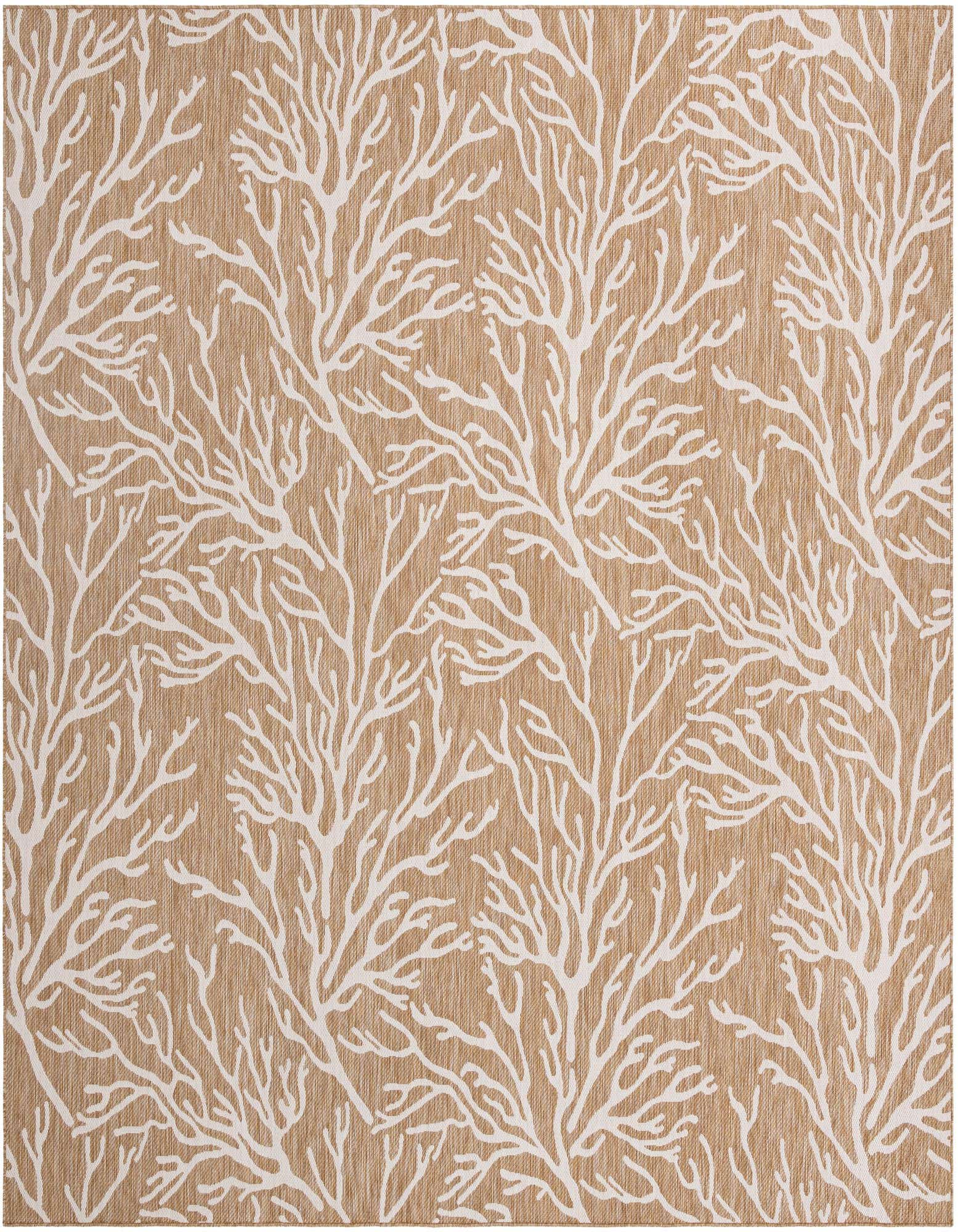 A 12'x12' square brown and ivory outdoor rug with a modern coastal coral pattern, perfect for a patio.
