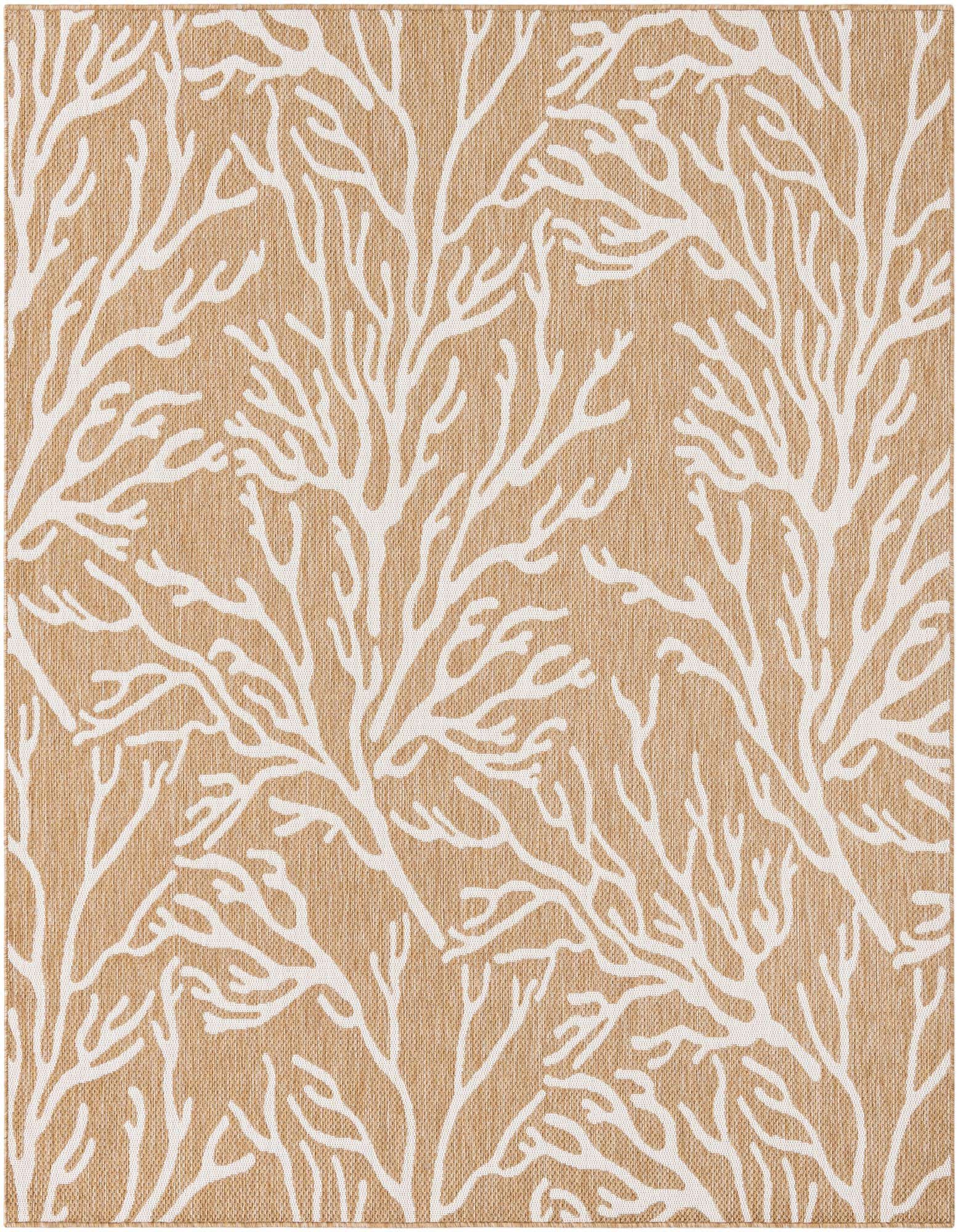 A 7' 10 x 7' 10 square brown and ivory coastal rug with a white coral pattern, suitable for a patio.