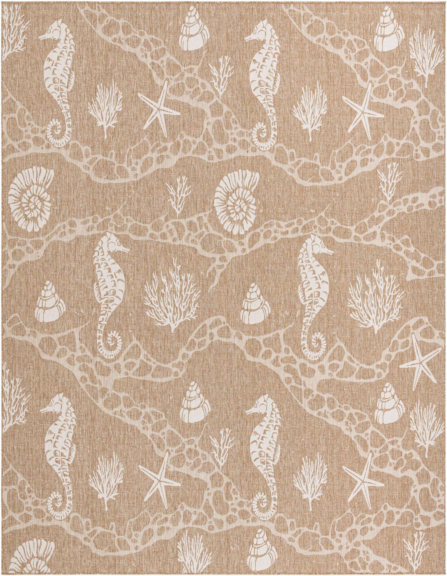 A square tan and ivory indoor/outdoor rug featuring a repeating pattern of seahorses, starfish, coral, and seashells.