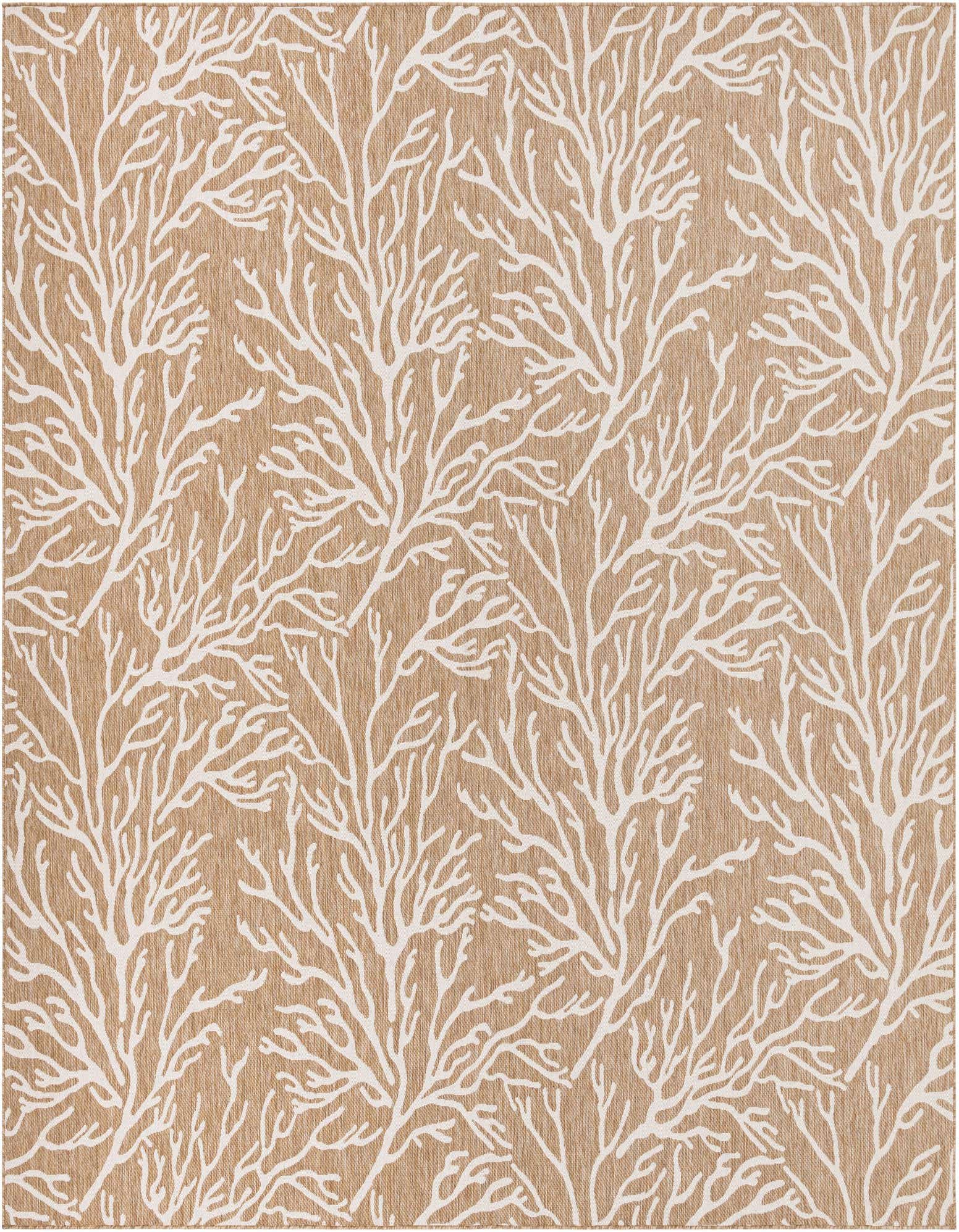 A 13' square indoor/outdoor rug with a modern coral branch pattern in tan and ivory, perfect for a patio.