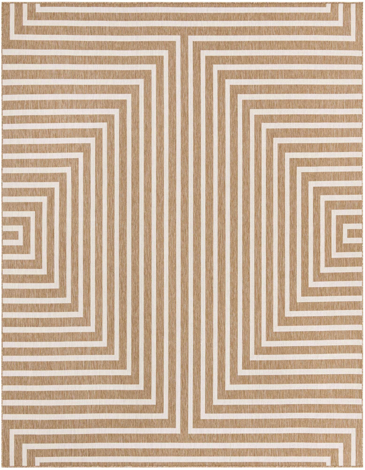 A 10' square brown and ivory modern abstract rug with a geometric pattern of concentric squares and vertical lines.