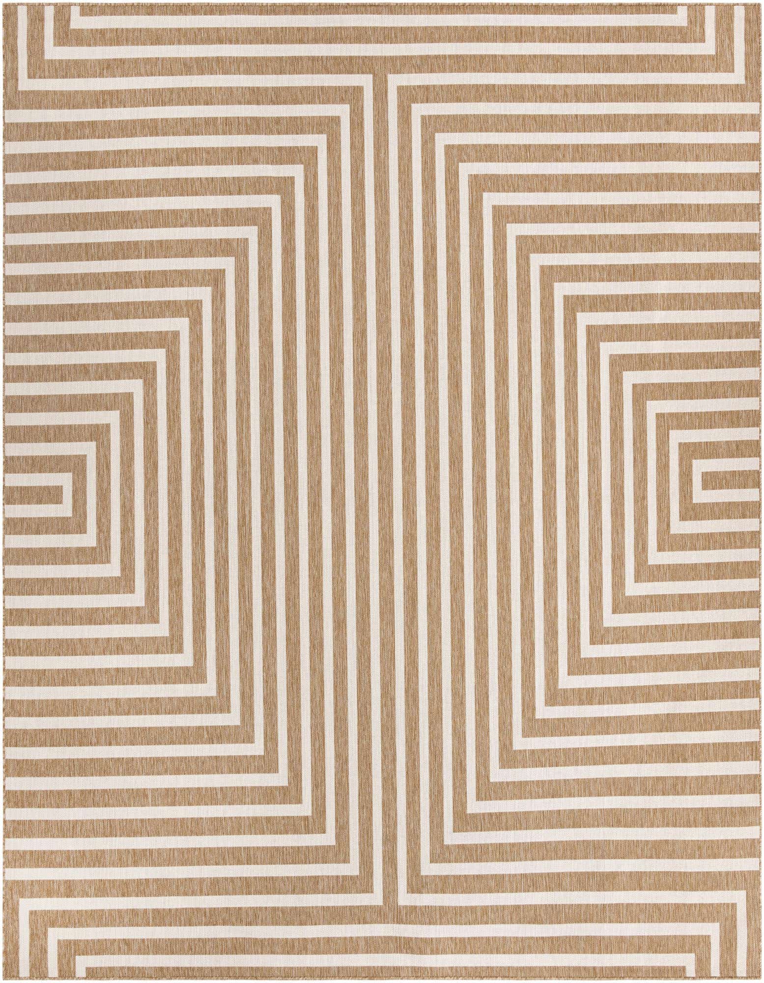 A 12' square brown and ivory modern abstract rug with a repeating geometric maze pattern, suitable for indoor or outdoor use.