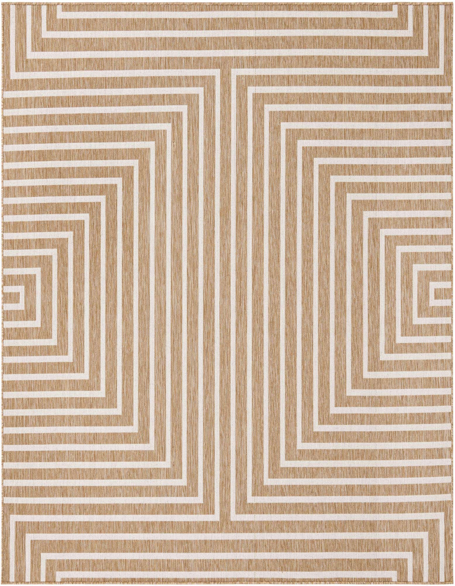 A 7'10" x 7'10" square brown and ivory modern abstract rug with a geometric maze pattern, suitable for indoor or outdoor use.