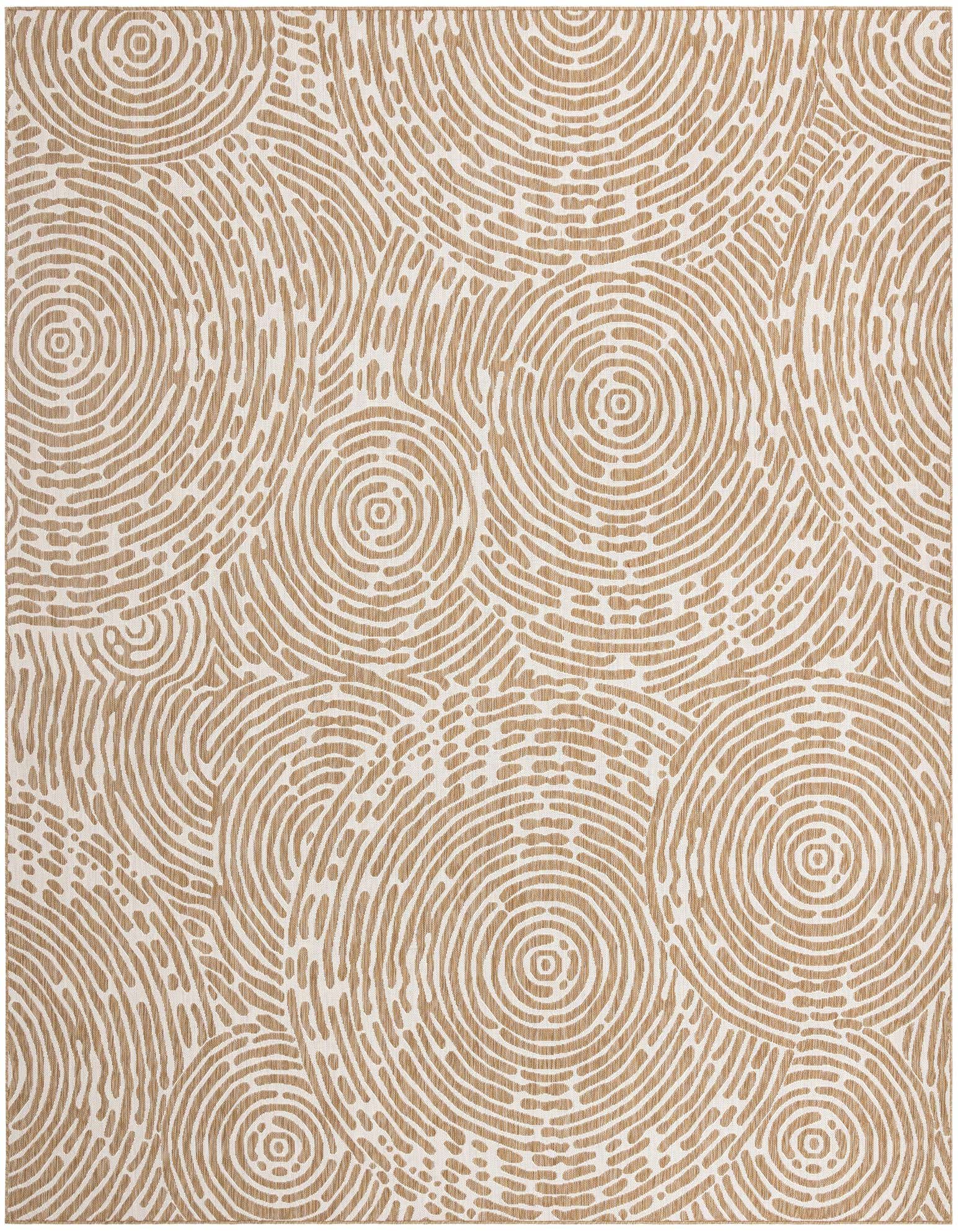 A 12' square modern indoor/outdoor rug with an abstract pattern of concentric tan circles and organic lines on an ivory background.