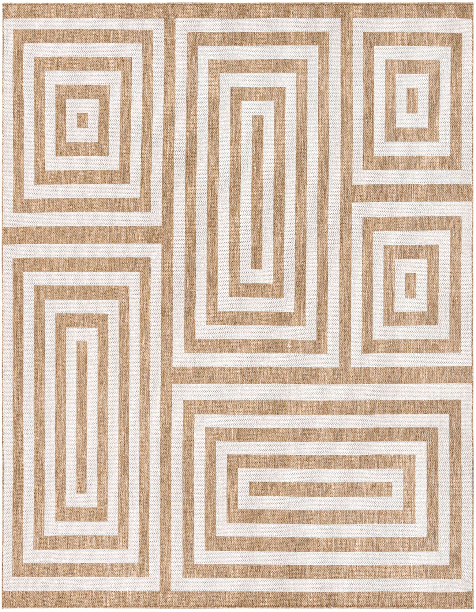 A 10'x10' square Rugs.com Outdoor Modern rug featuring a bold geometric pattern of concentric brown and ivory rectangles and squares.