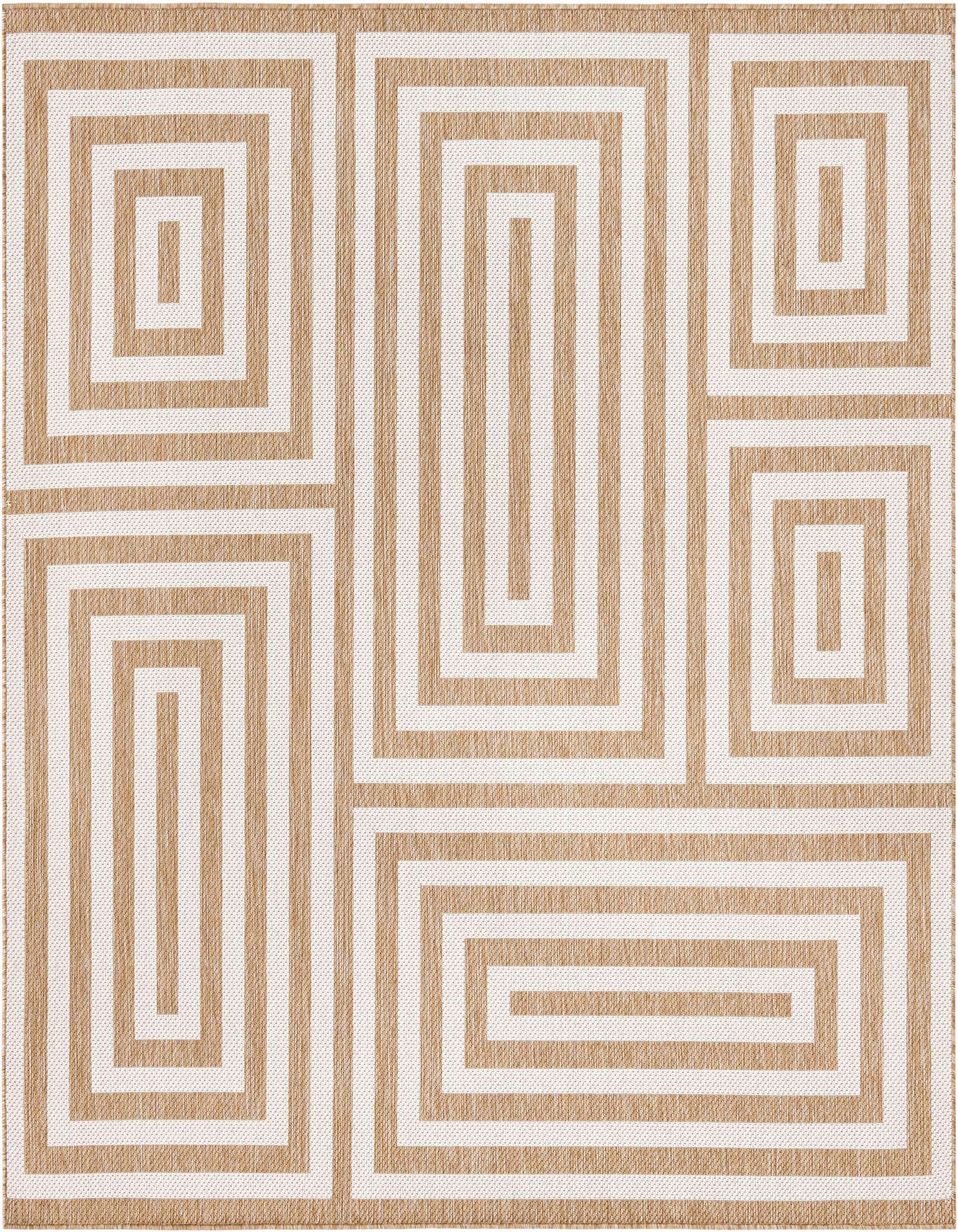 A 7' 10 x 7' 10 square brown and ivory modern abstract rug with a geometric maze-like pattern, suitable for indoor or outdoor use.