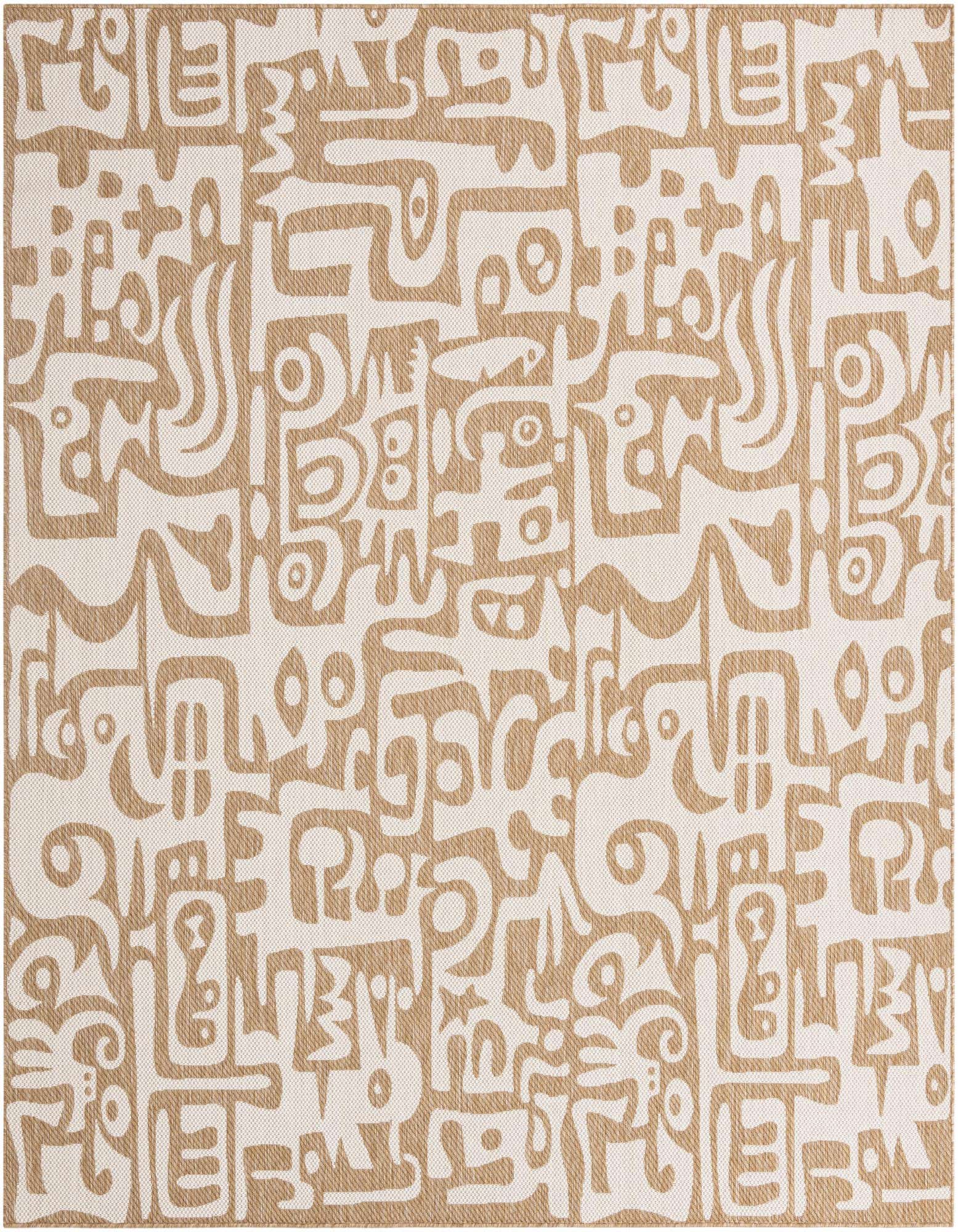 A 10' square brown and ivory modern abstract rug with a flatweave texture, suitable for indoor or outdoor use.