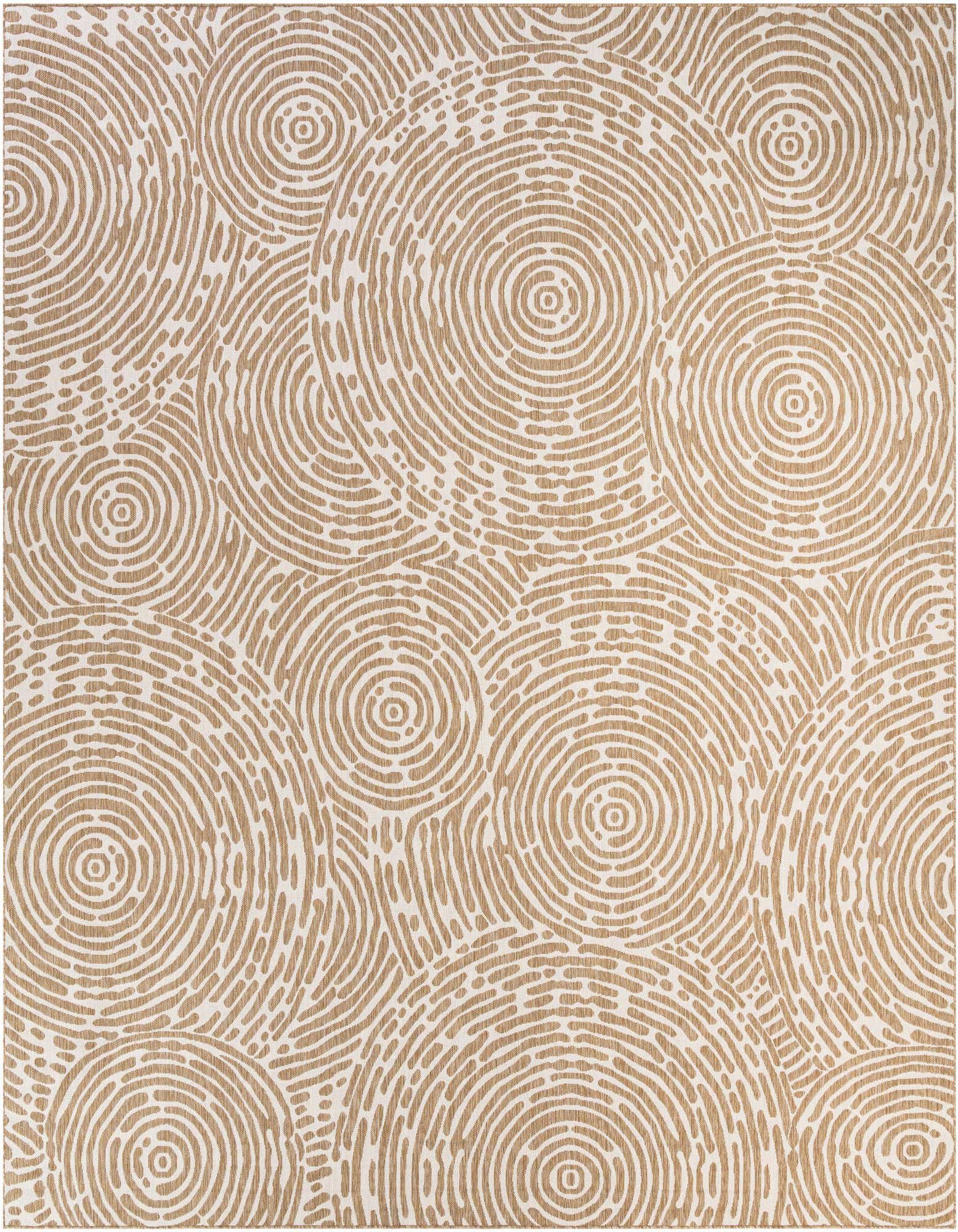 A 13' square modern indoor/outdoor rug featuring an abstract concentric circle pattern in brown and cream.