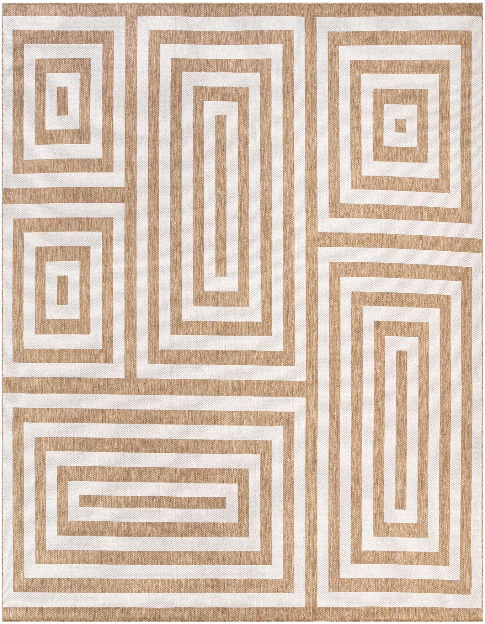 A 13' square brown and ivory modern outdoor rug with a bold geometric maze pattern, ideal for a patio.