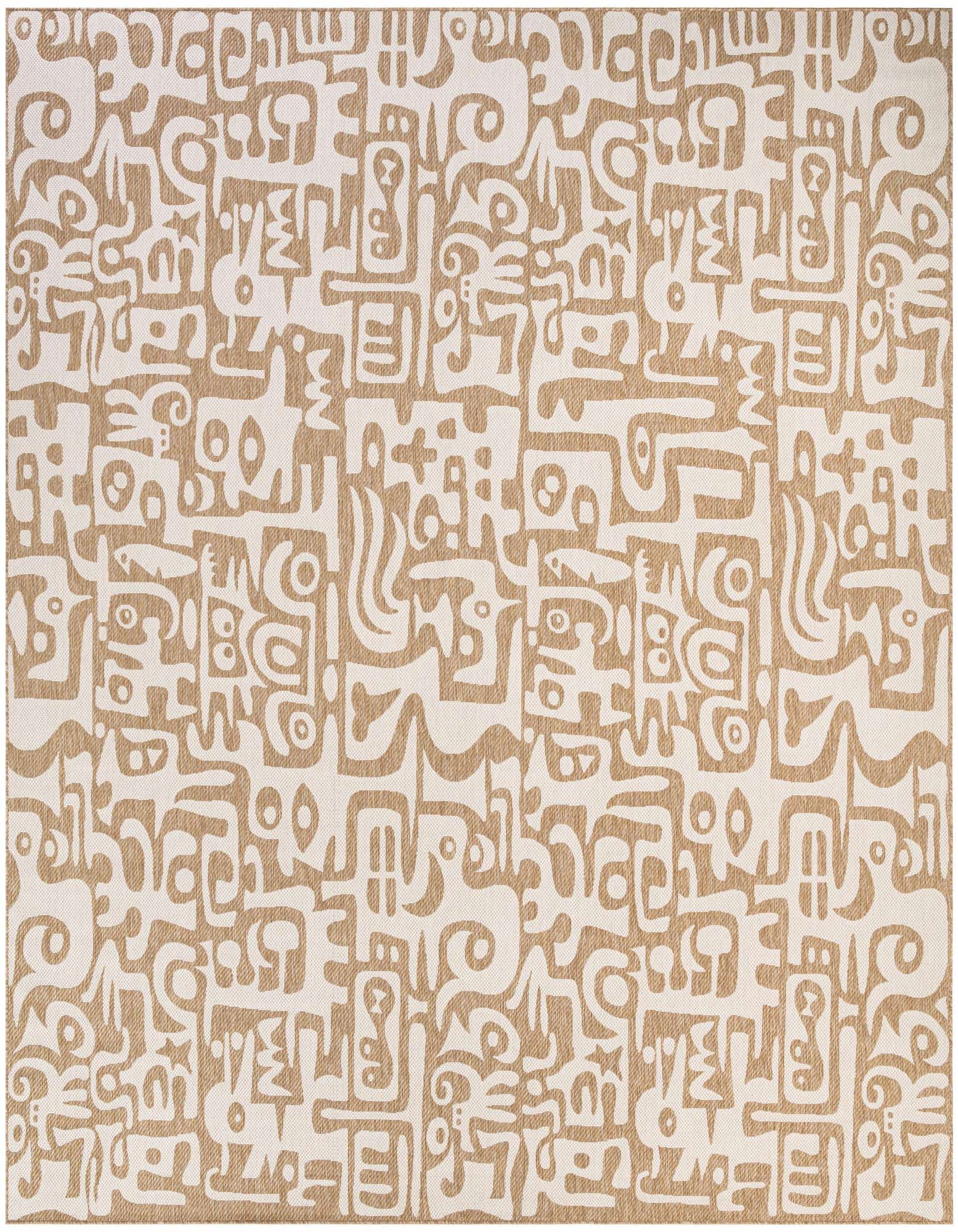 A 13' square modern outdoor rug featuring an abstract pattern of tan and brown shapes on an ivory background.