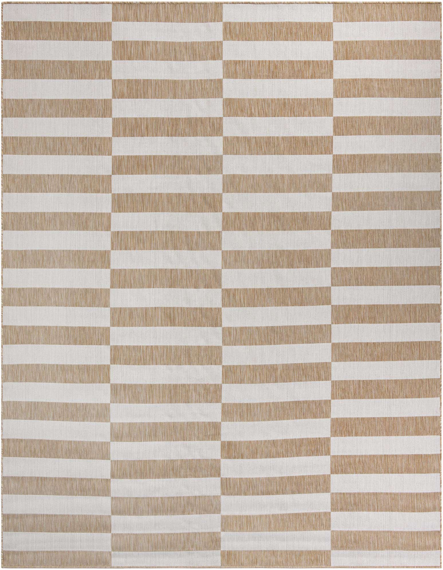 A 10'x10' square Rugs.com Outdoor Ribbon rug featuring a contemporary block stripe pattern in brown and ivory tones.