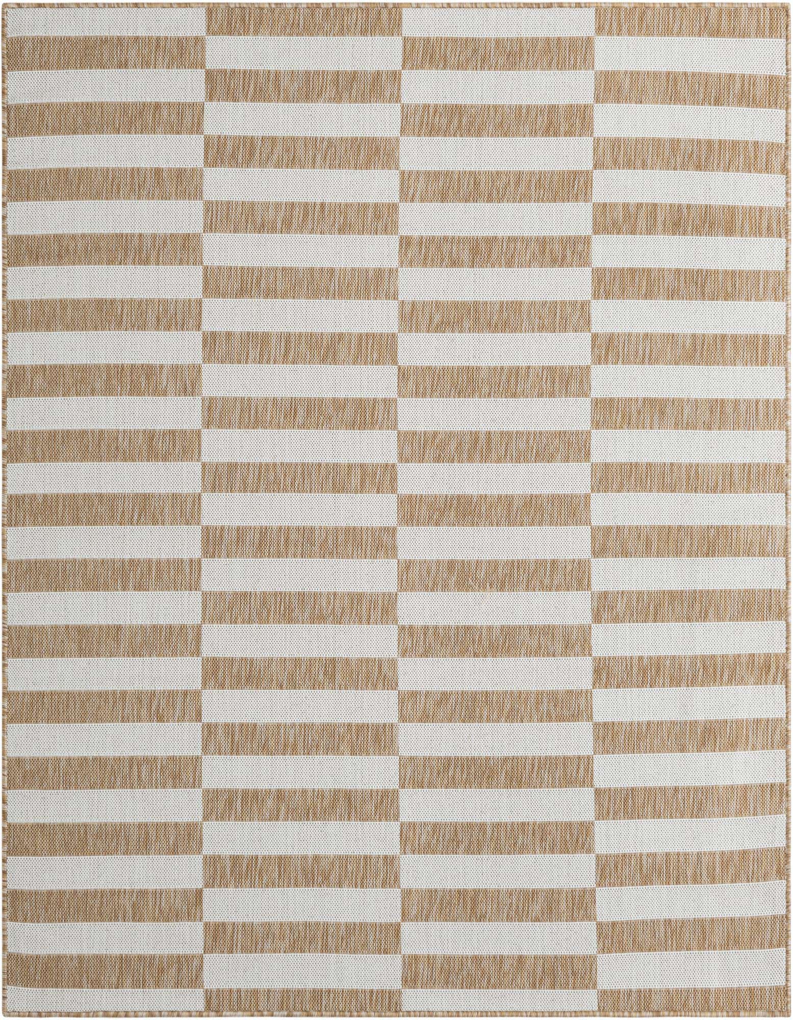 A 6'x6' square Rugs.com Outdoor Ribbon rug featuring a modern stripe pattern in alternating brown/tan and ivory/cream blocks.