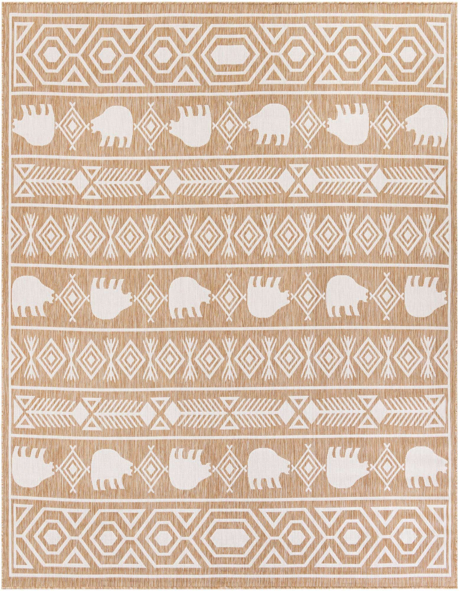 A 10'x10' square Rugs.com Outdoor Southwestern rug in tan and ivory with tribal bear and geometric patterns.