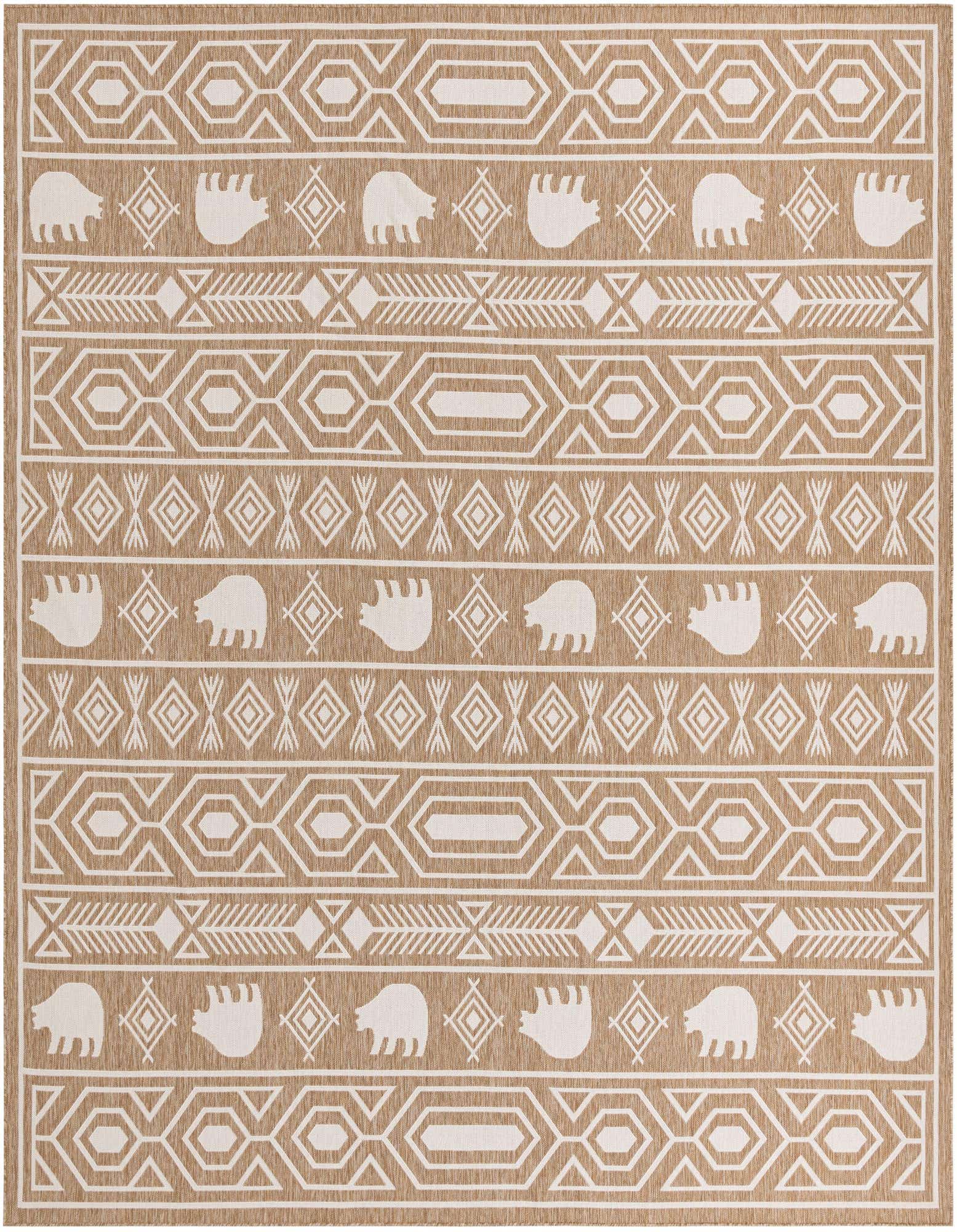 A 13' square indoor/outdoor rug with a modern Southwestern pattern in tan and ivory, featuring bear silhouettes and geometric designs.