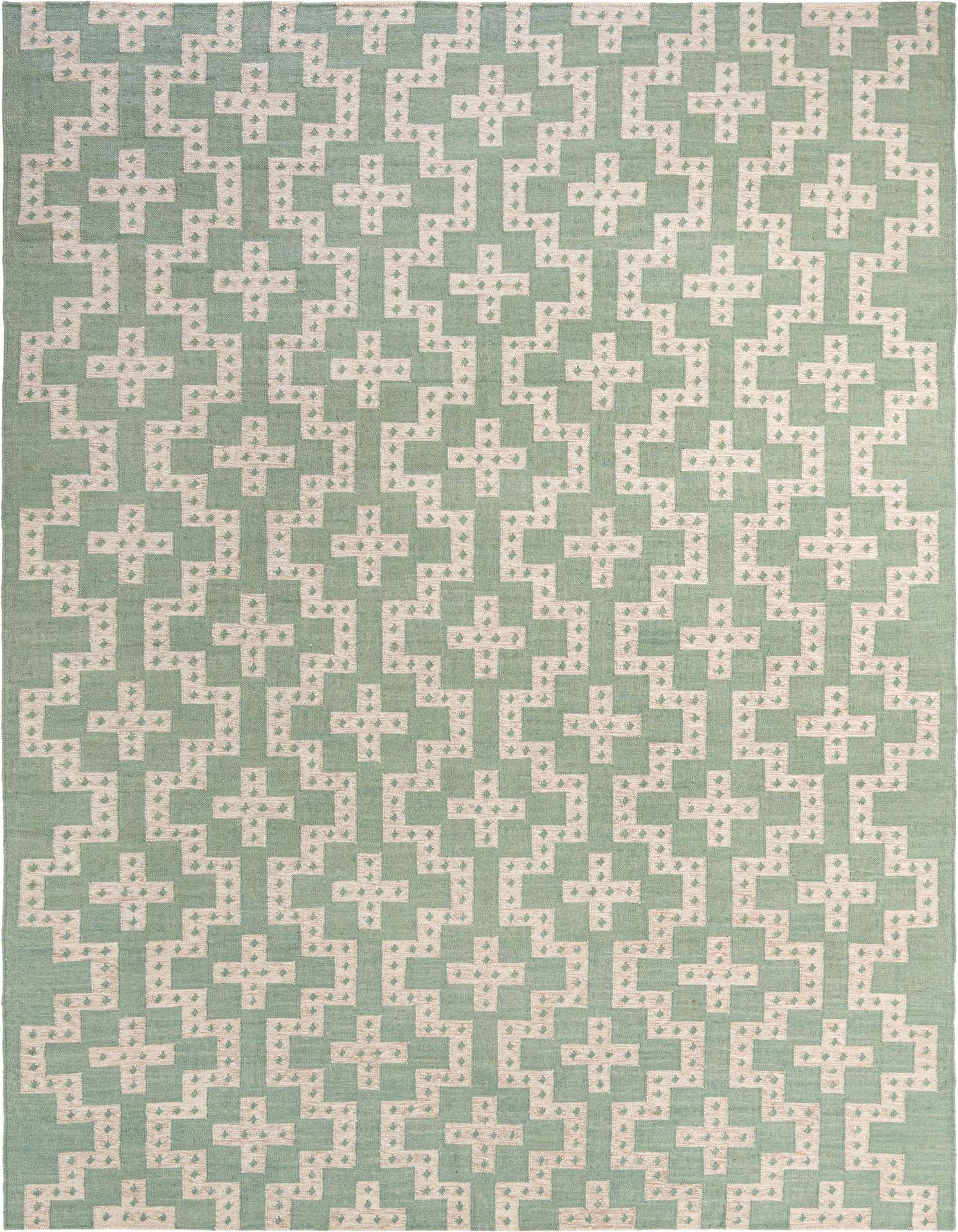 A 10x14 rectangular Kilim Wool rug featuring a repeating tribal geometric pattern in light blue and cream.