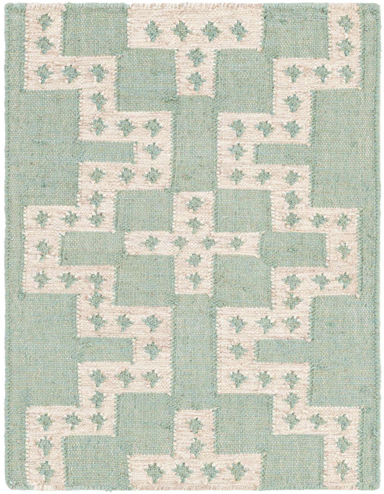 A 2x3 rectangular Kilim Wool rug featuring a modern tribal pattern in light blue and cream, perfect for an entryway.