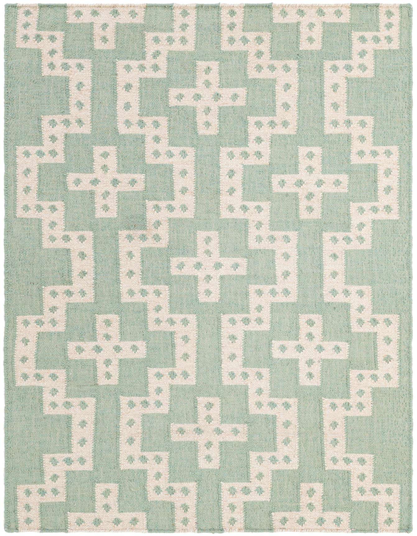 A 4x6 rectangular blue and cream flatweave wool rug with a repeating geometric tribal pattern, ideal for a living room.