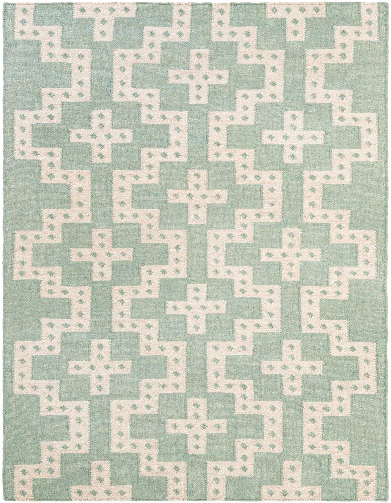 A 5x8 rectangular Kilim Wool rug featuring a repeating modern tribal pattern in light blue and off-white.