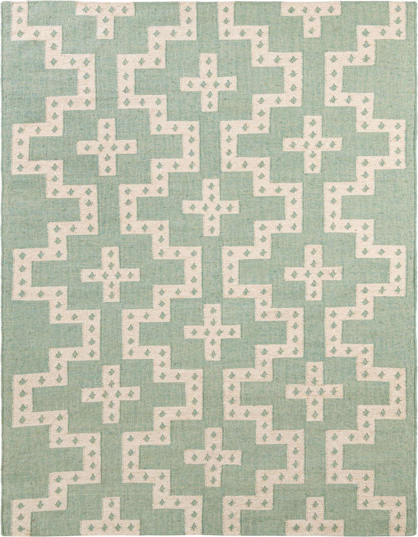 A 6x9 rectangular Kilim Wool rug featuring a repeating tribal geometric pattern in light blue and cream.