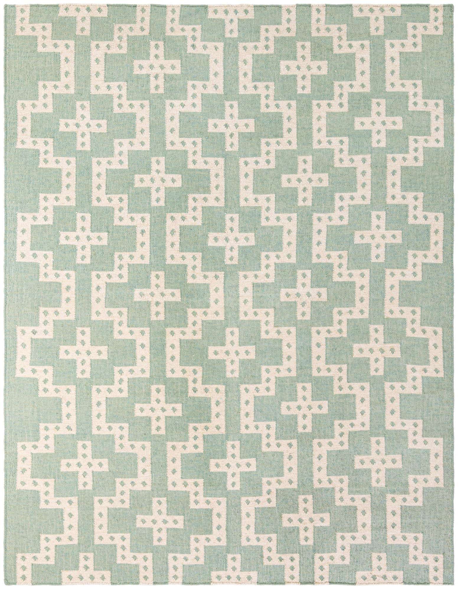 A rectangular 8x10 Kilim Wool rug featuring a repeating tribal geometric pattern in light blue and off-white.