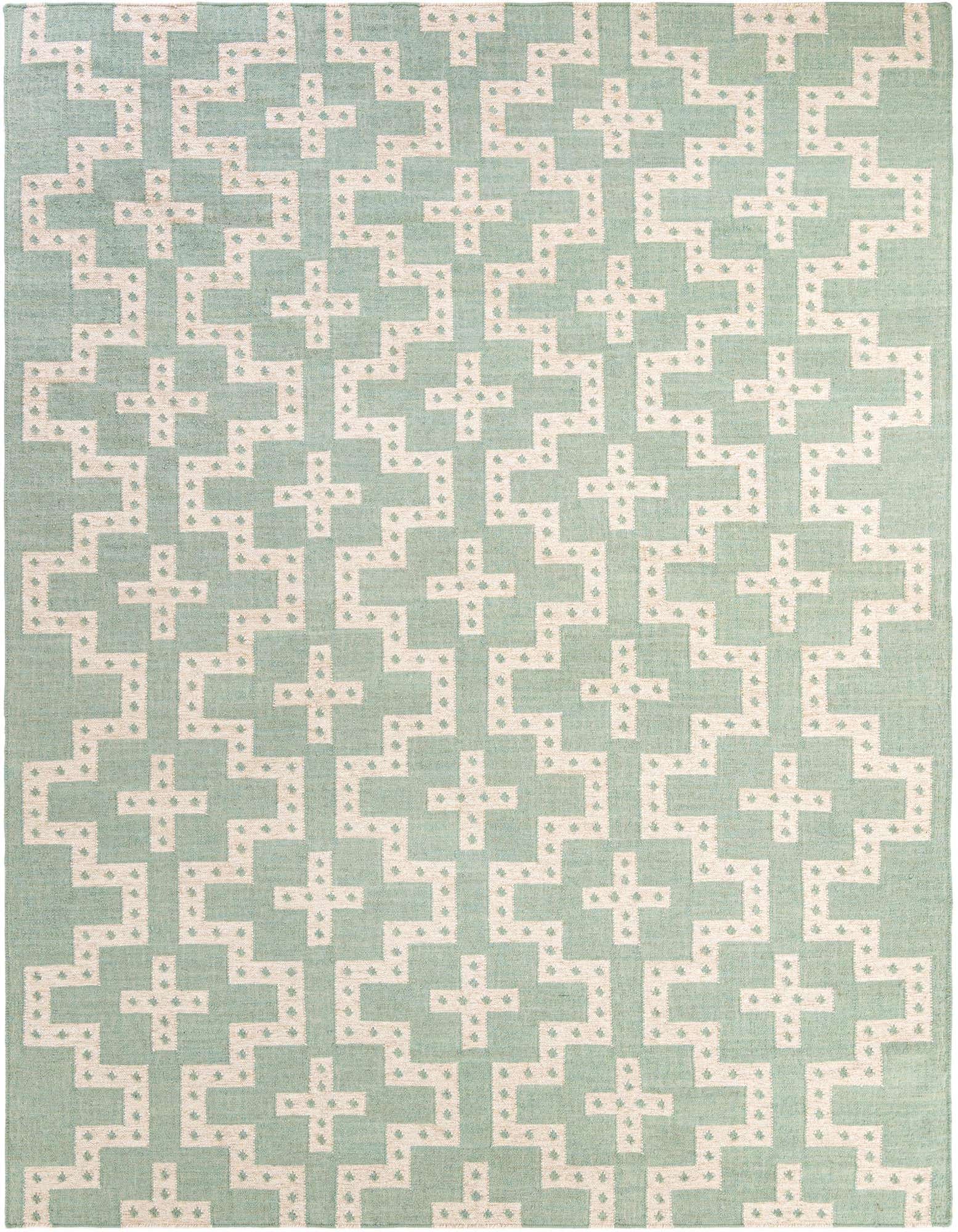 A 9x12 rectangular Kilim Wool rug in light blue with an off-white modern tribal geometric pattern and subtle texture.